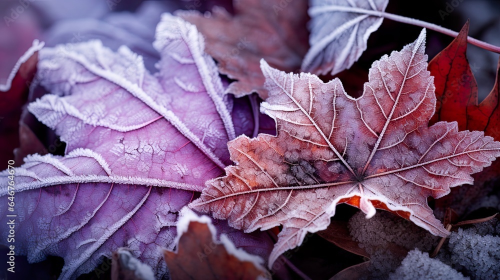 Close-up of red, orange autumn leaves covered with frost and ice. First cold nights and winter days. Seasonal foliage in frosted autumnal colors. Beautiful nature season background. Close-up of red, orange autumn leaves covered with frost and ice. First cold nights and winter days. Seasonal foliage in frosted autumnal colors. Beautiful nature season background.