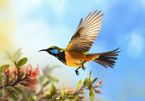 Olive backed sunbird, Yellow bellied sunbird flying in the bright sky. © AbGoni