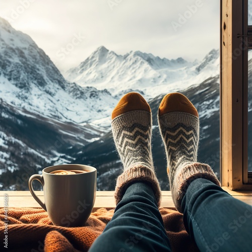 winter season, a person with feet warmer than a cup of coffee