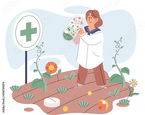 Herbal medicine and homeopathy healthcare and health treatment. Scientist growing medicinal plants picking leaves in garden bed. Using healing power of flowers and herbs. Organic cure and aromatherapy
