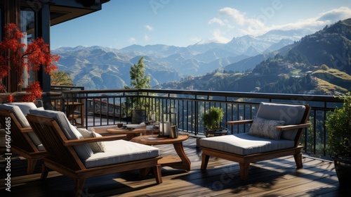 Outdoor mountain villa balcony deck, with natural views of the mountains
