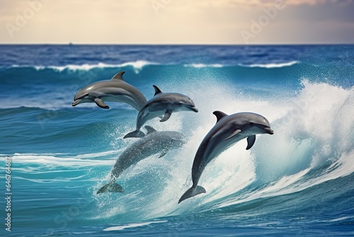 Playful dolphins jumping over breaking waves. Hawaii Pacific Ocean wildlife scenery.