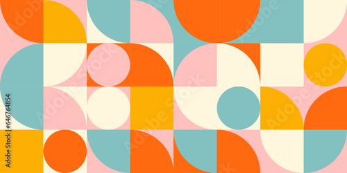 Fototapeta Retro geometric aesthetics. Bauhaus and avant-garde inspired vector background with abstract simple shapes like circle, square, semi circle. Colorful pattern in nostalgic pastel colors.