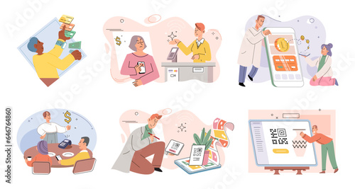 Cashless payment. Vector illustration. Contactless payment systems are widely accepted at restaurants, stores, and public transportation NFC-enabled devices cbe used to store loyalty cards