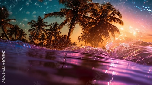 Beach with waves and coconut trees at sunset.