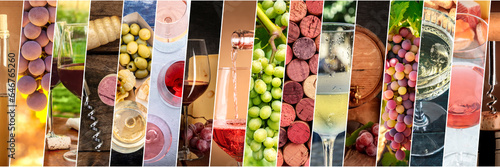 Wine collage. Wine glasses and grapes, a drinks layout for a restaurant menu. Winemaking panoramic header design