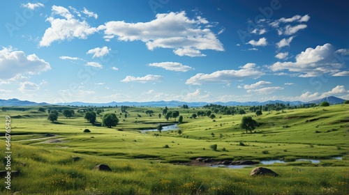 panorama of beautiful green countryside with clear sky © MBRAMO