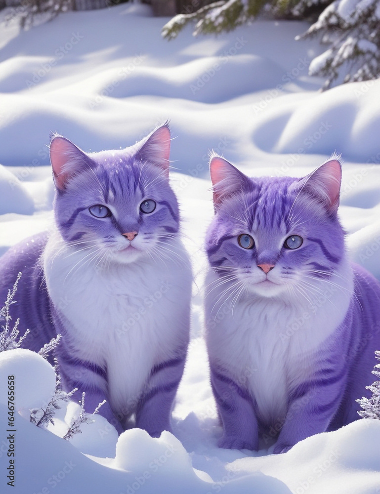two cute blue cats on snow