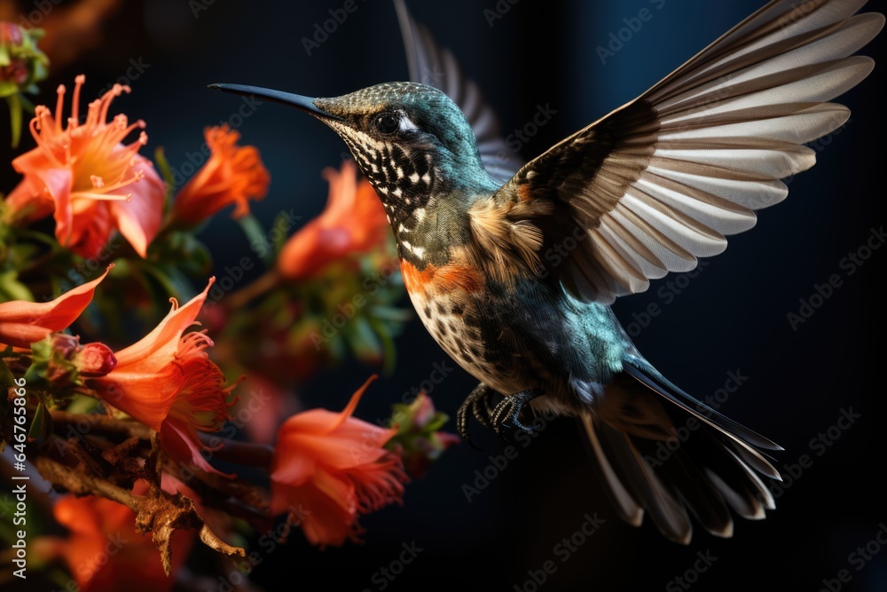 Fototapeta premium a close-up of a hummingbird hovering over a flower