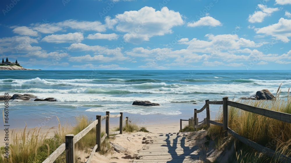 panorama of sand dunes along the Sea, the feel of an old wooden bridge