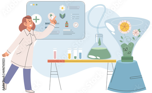 Natural medicine concept with scientist makes pill from herbal ingredients. Specialist pharmacist preparing herbal remedy to patient. Doctor develops ayurvedic homeopathic drugs of plants and extracts