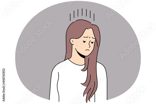 Unhappy young woman feel distressed and down suffer from depression or psychological problems. Upset female struggle with mood swing and loneliness. Vector illustration.