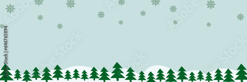 Border with green fir trees, falling snowflakes, snowdrifts with Copyspace for text. Pine, xmas evergreen plants banner. Vector Christmas tree garland and snow drifts pattern. Flat background.