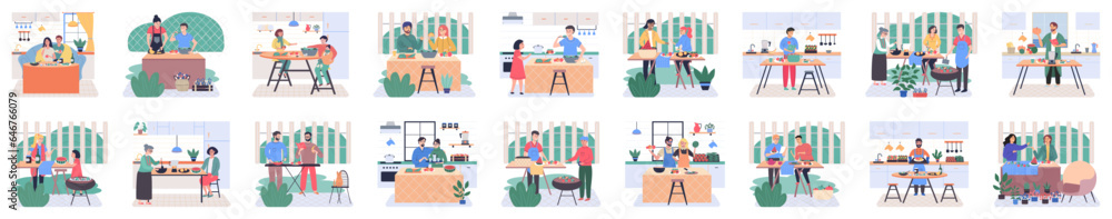 People cooking vegetarian food. Vector illustration. Woman preparing salad, kitchen eating. Fresh vegetables, organic food, natural products. Smiling man cooking homemade meals in small cozy kitchen