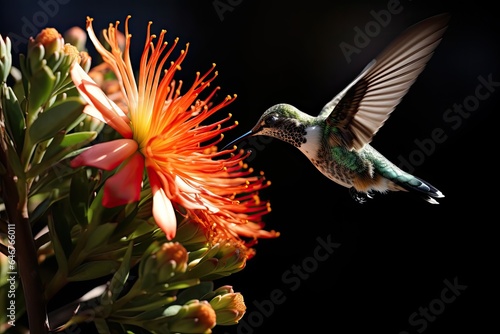a close-up of a hummingbird hovering over a flower