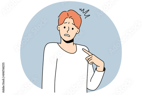 Young confused man point at himself feel insecure and frustrated. Male pointing at self wonder who. Frustration and self-confidence. Vector illustration.
