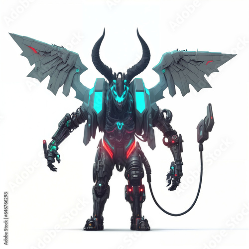 Demonic cyborg with horns a...