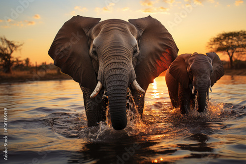 a family of elephants playing in a river © Enigma