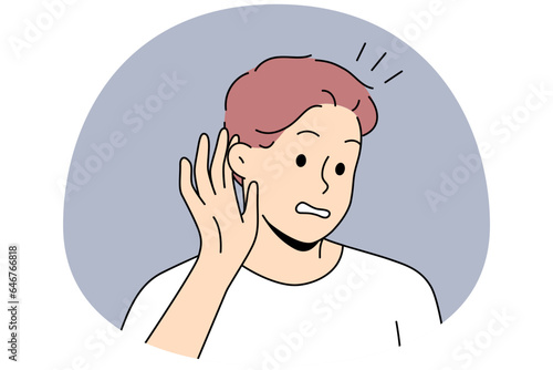 Man make hand gesture hearing gossip or rumor. Frustrated male listening to hidden or secret information. Vector illustration.