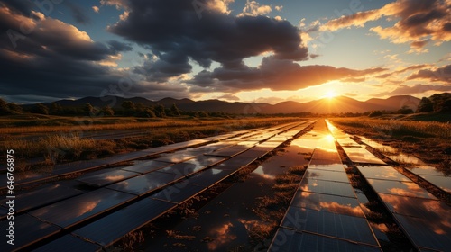 panorama of solar panels and sunset, alternative power source