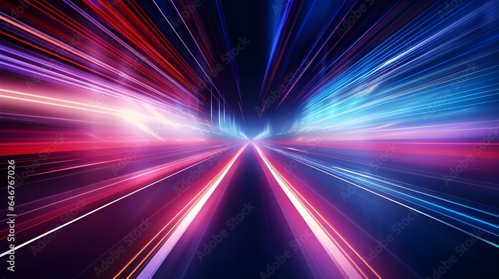 High-speed blur zoom effect, neon color motion on a speedway, panoramic high-speed technology concept, lights abstract background. Sci-fi illustration with neon lights and road. Generative AI. High-speed blur zoom effect, neon color motion on a speedway, panoramic high-speed technology concept, lights abstract background. Sci-fi illustration with neon lights and road. Generative AI.