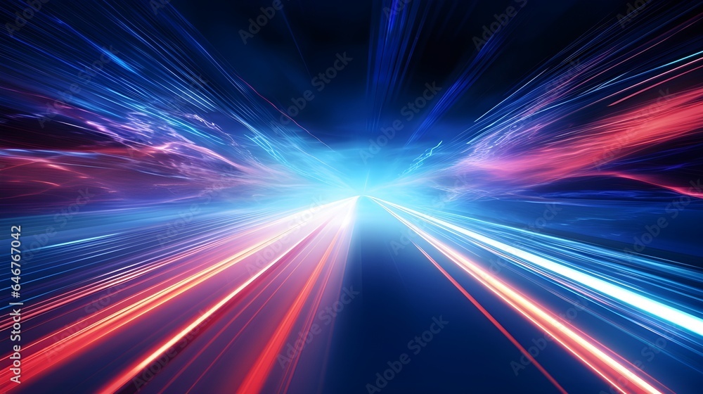High-speed blur zoom effect, neon color motion on a speedway, panoramic high-speed technology concept, lights abstract background. Sci-fi illustration with neon lights and road. Generative AI. High-speed blur zoom effect, neon color motion on a speedway, panoramic high-speed technology concept, lights abstract background. Sci-fi illustration with neon lights and road. Generative AI.