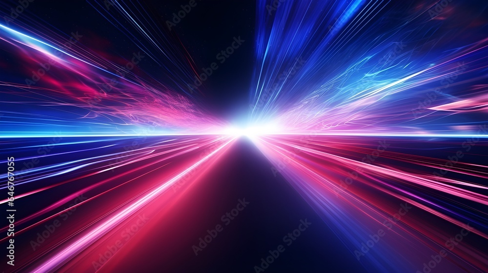 High-speed blur zoom effect, neon color motion on a speedway, panoramic high-speed technology concept, lights abstract background. Sci-fi illustration with neon lights and road. Generative AI. High-speed blur zoom effect, neon color motion on a speedway, panoramic high-speed technology concept, lights abstract background. Sci-fi illustration with neon lights and road. Generative AI.