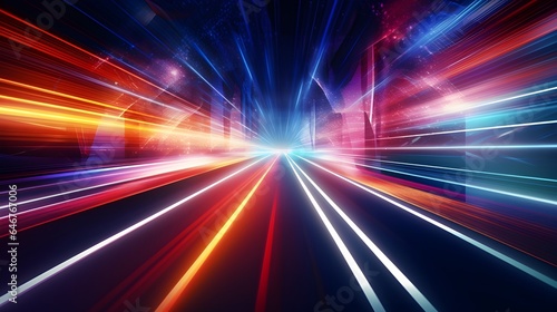 High-speed blur zoom effect, neon color motion on a speedway, panoramic high-speed technology concept, lights abstract background. Sci-fi illustration with neon lights and road. Generative AI. © Bochana