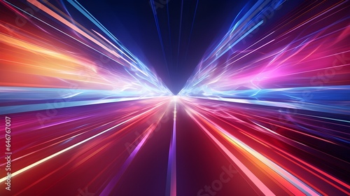 High-speed blur zoom effect, neon color motion on a speedway, panoramic high-speed technology concept, lights abstract background. Sci-fi illustration with neon lights and road. Generative AI.