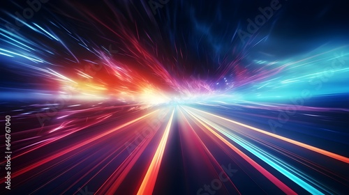 High-speed blur zoom effect, neon color motion on a speedway, panoramic high-speed technology concept, lights abstract background. Sci-fi illustration with neon lights and road. Generative AI. © Bochana