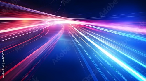 High-speed blur zoom effect, neon color motion on a speedway, panoramic high-speed technology concept, lights abstract background. Sci-fi illustration with neon lights and road. Generative AI.