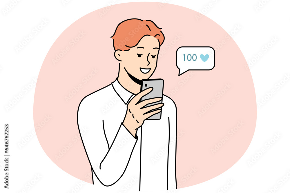 Smiling young man using cellphone collect likes on social media. Happy male look at mobile phone screen get acknowledgment from subscribers. Vector illustration.