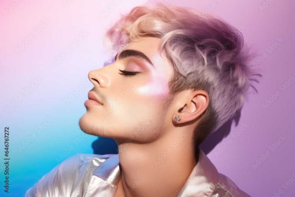 Portrait of a young guy with non-traditional orientation with colored makeup on his face.