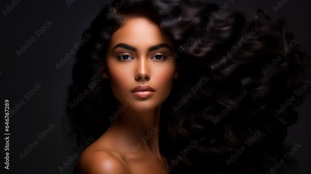 Fototapeta premium Beauty African American girl with blowing long healthy wavy hair. hairstyle, hair care. copy space