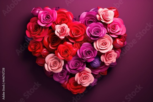 A vibrant heart made of colorful paper flowers against a striking purple backdrop