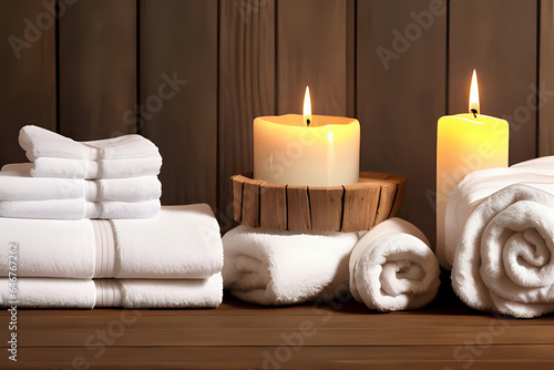 Composition of spa candles and towels with rustic wooden background. Candle spa decorations