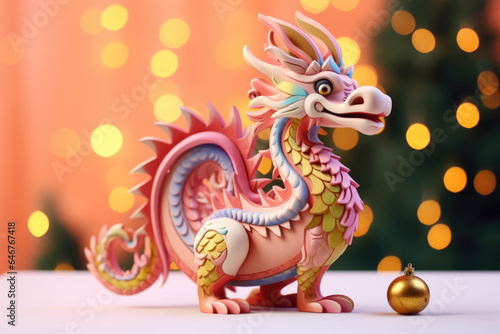 Sculpture of a chinese new year dragon against a backdrop of holiday lights.