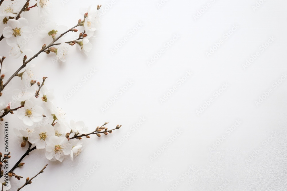 A branch with white flowers on a white background