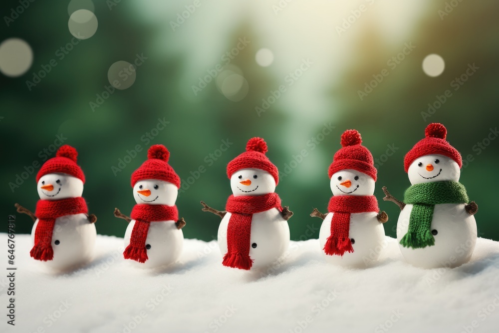 A snowy winter scene with a group of snowmen standing proudly