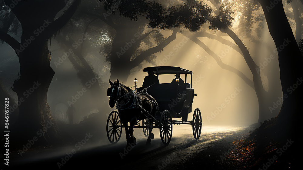 a cab a horse drawn carriage in the night fog detective old europe