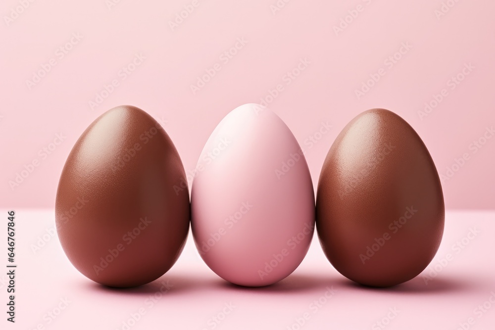 Three brown and pink eggs on a pink background