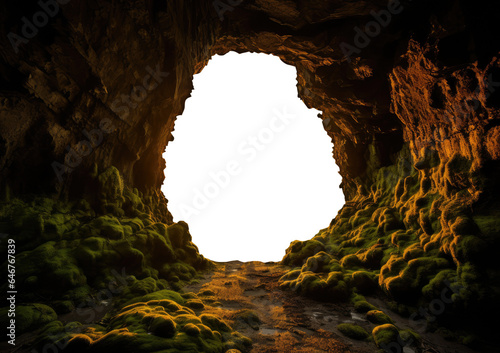 sunset arched cave entrance. transparent PNG file. Fantasy Hollow cavity grotto tunnel. 