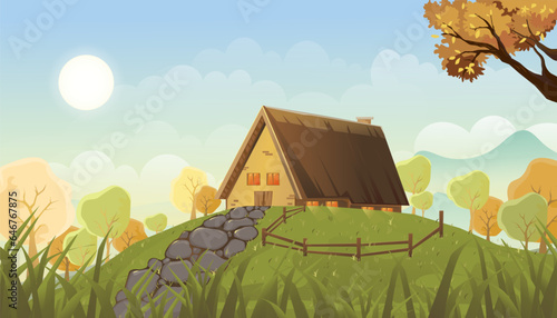 Spring background with Blue sky and Cloud,Vector cartoon Village in  Summer landsacape farm house,green grass field,flower,meadow on hill with forest tree and mountain,Nature rural scenein countryside photo