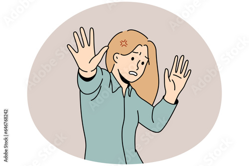 Scared young woman make stop hand gesture feeling danger or confusion. Unhappy female feel panic attack terrified frightened by something. Vector illustration.