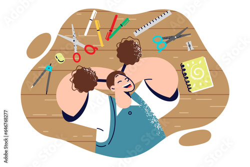 Schoolgirl is lying on floor among stationery and dreams of going to school as soon as possible