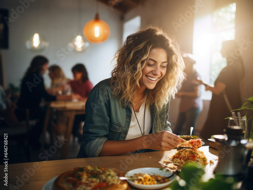 Fototapeta Naklejka Na Ścianę i Meble -  Euphoria in Elegance: A Woman's Blissful Dining Experience