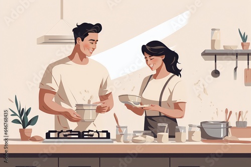 romantic young couple making cake dough together, making cookies, minimalist and modern kitchen