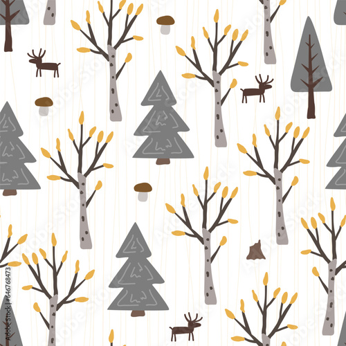 Autumn seamless pattern with doodle hand drawn birch and fir trees forest and deers. Cartoon flat Scandinavian style, design textile fabric, wrapping paper, wallpaper, kids. Vector.