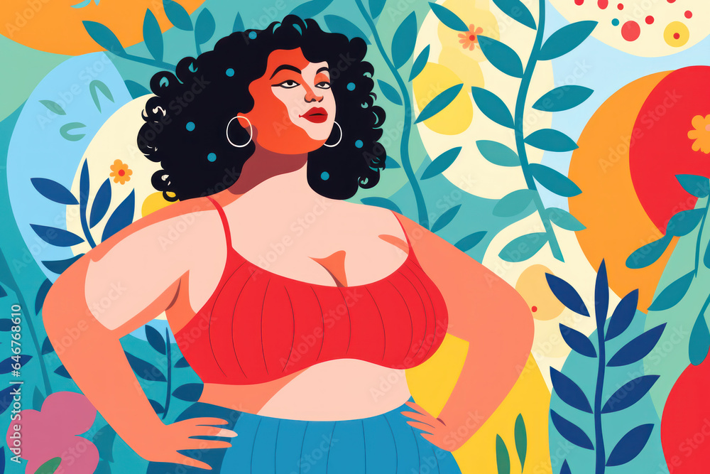 color block illustration of a young brunette plus size woman celebrating body positivity acceptance for healthy lifestyle weight loss fitness culture in hand drawn digital painting style 