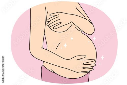 Close-up of naked woman touching pregnant belly ready for future maternity. Female excited with pregnancy. Motherhood and mom to be. Vector illustration.